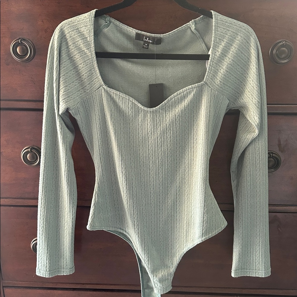 Lulus Too-cute Attitude Sage Green Pointelle Knit Long Sleeve Bodysuit - Picture 10 of 12